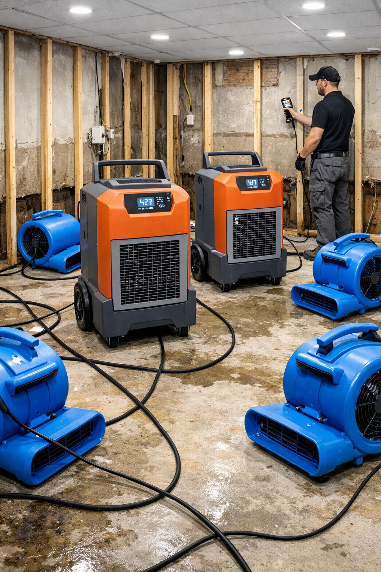 Commercial dehumidifiers and air movers drying basement during water damage restoration process