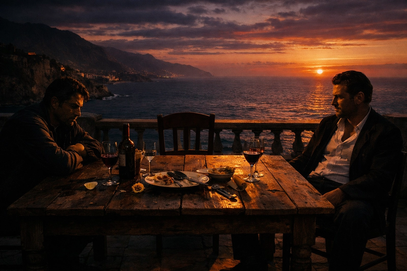 Gay couple experiencing jealousy and emotional distance at Sicilian sunset dinner