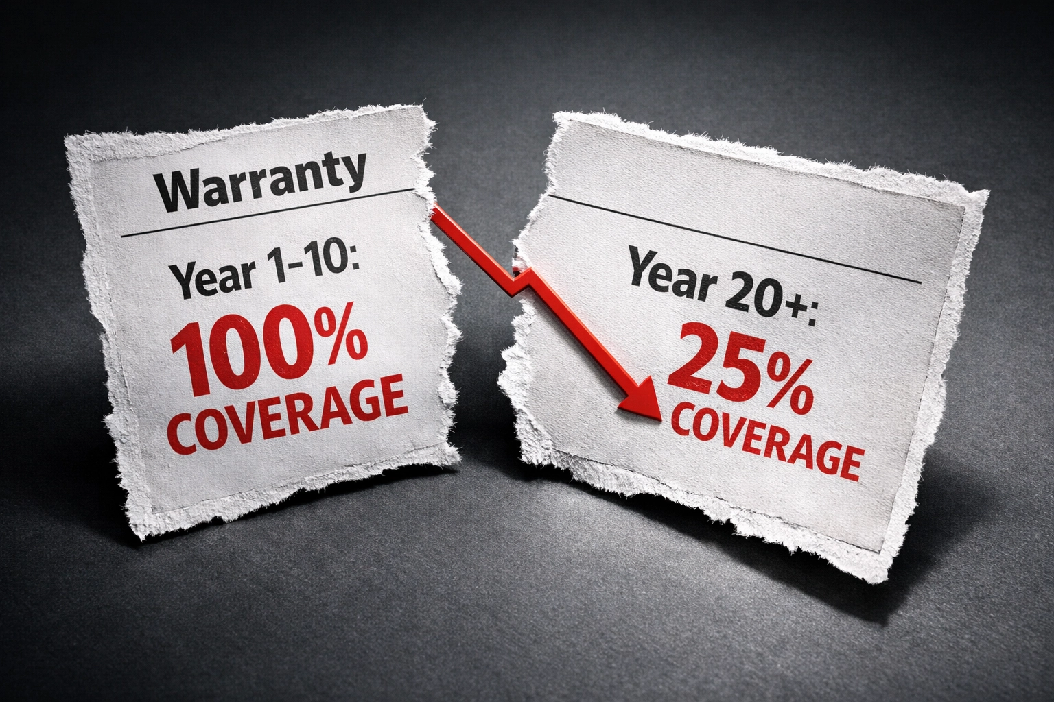 Roofing warranty coverage declining from 100% to 25% over time as shingles age