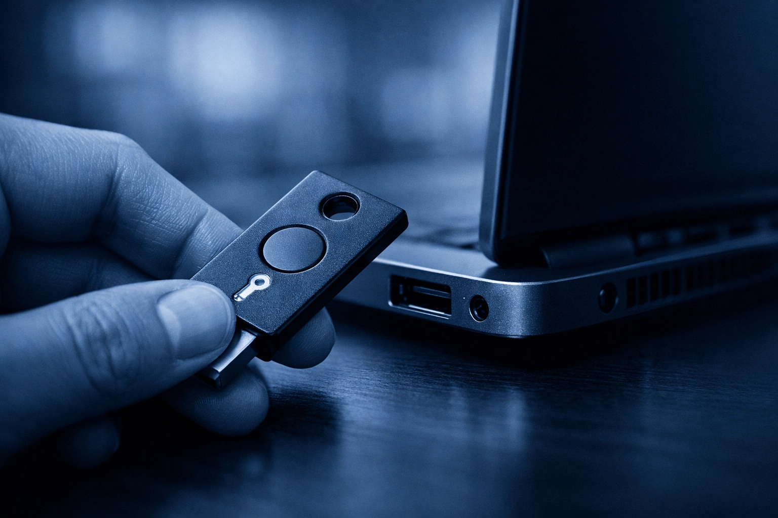 A physical hardware security key being used with a laptop for secure Google Workspace authentication.