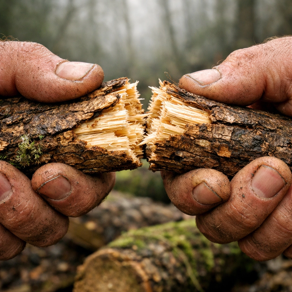 Hands snapping a dry oak branch to test for moisture, a fundamental bushcraft skill for fire lighting.