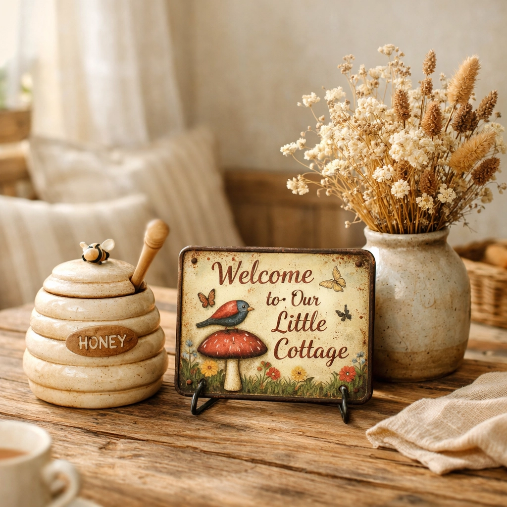 Handcrafted honey pot and unique rustic decor on a farmhouse table in a cozy sunlit room.