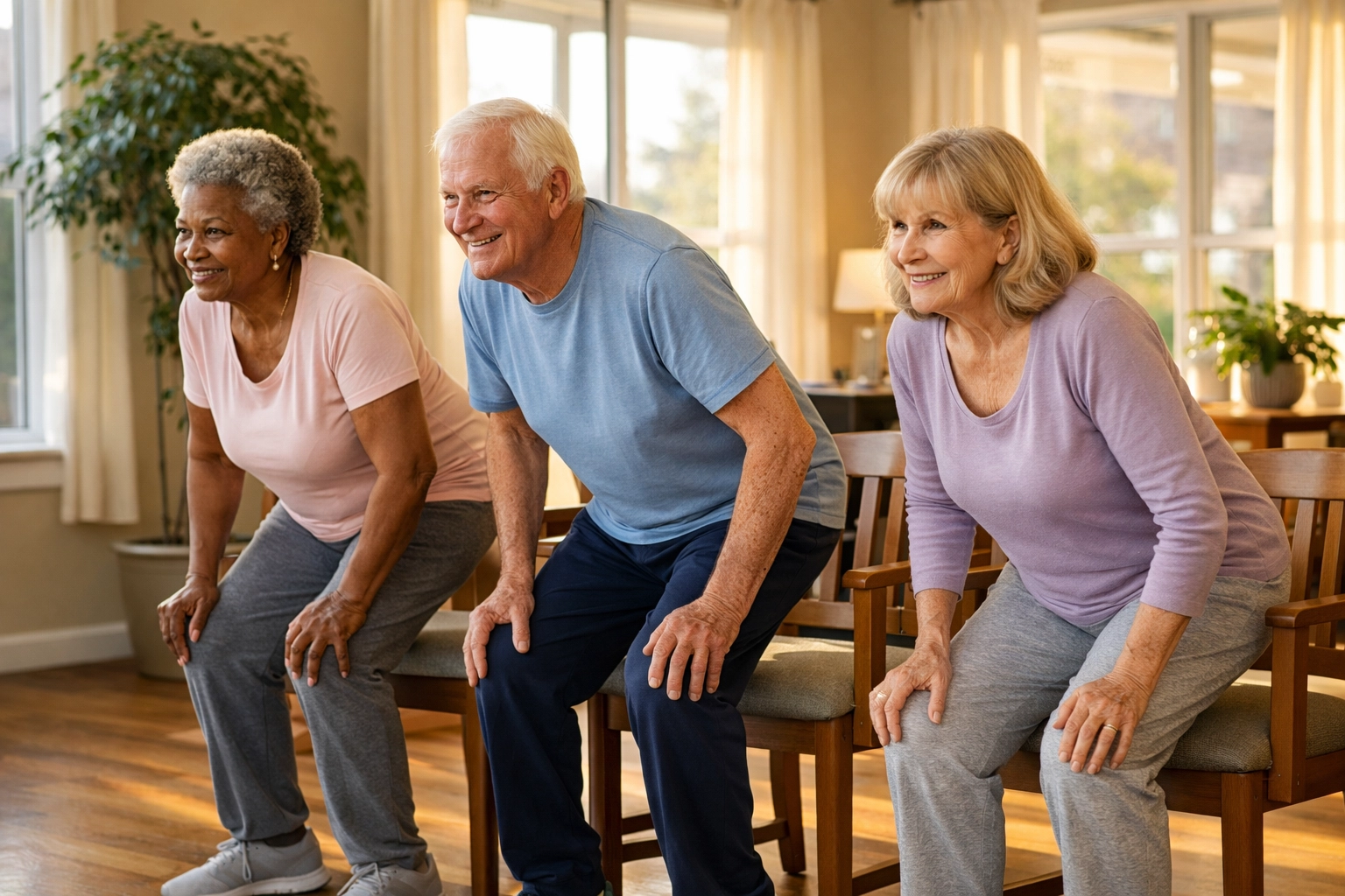 Seniors doing sit-to-stand chair exercises to build leg strength and prevent falls
