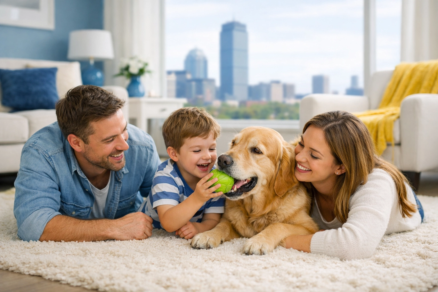 A happy family and dog on a clean rug, maintained by an eco-friendly green Maid Service Boston.