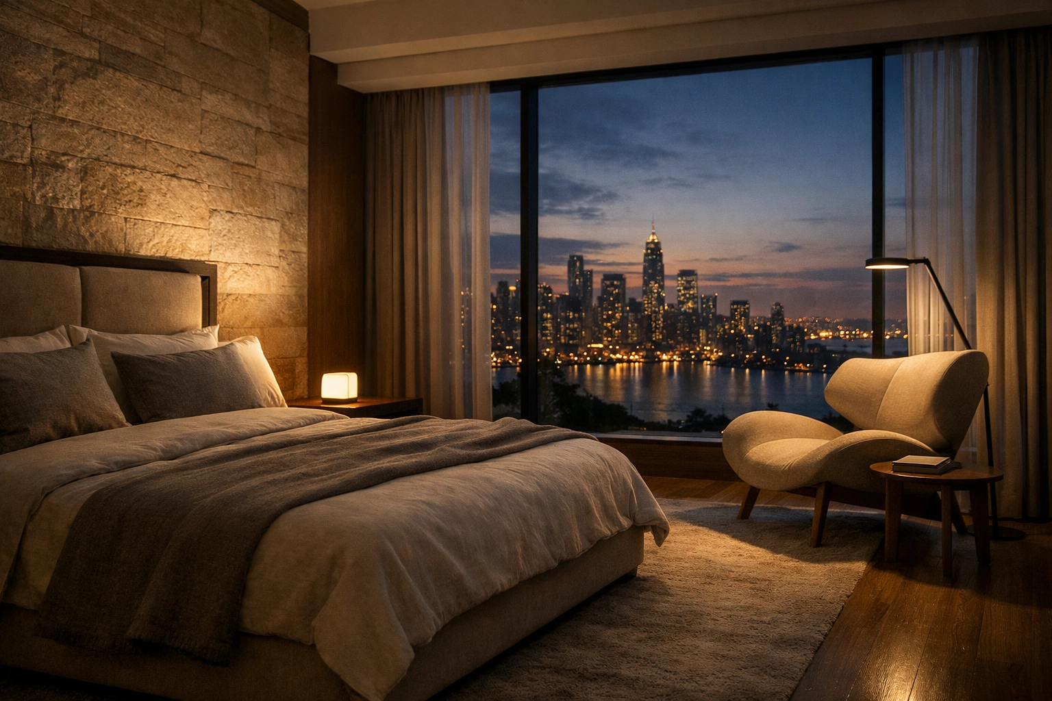 Luxury hotel suite at night featuring a smart bedside device and city views for a better guest experience.