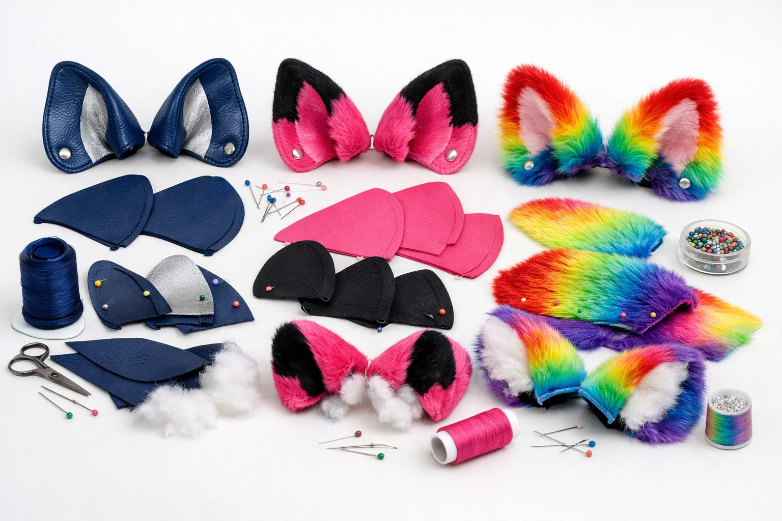 Handcrafted puppy play hood ears in various construction stages showing DIY sewing process