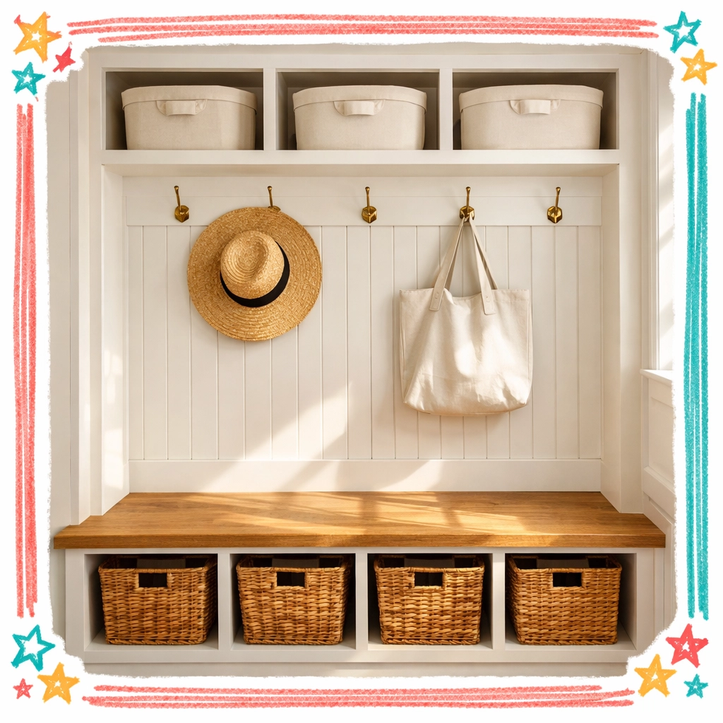 Craftsman-style mudroom with organized storage lockers and baskets to increase home resale value in Cobb County.