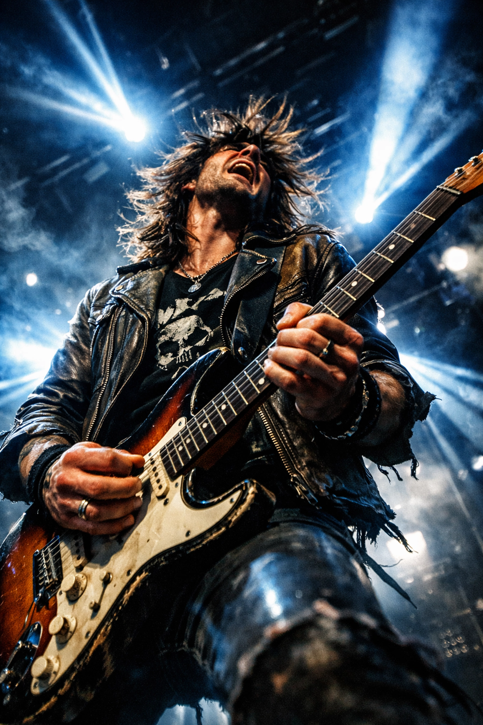 Lead guitarist in a band t-shirt performing a live solo during a rock revival concert.