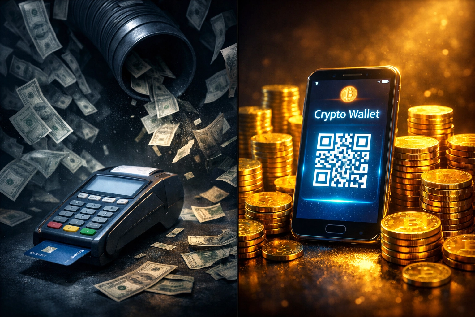 Traditional card fees vs crypto payment savings comparison showing merchant cost reduction