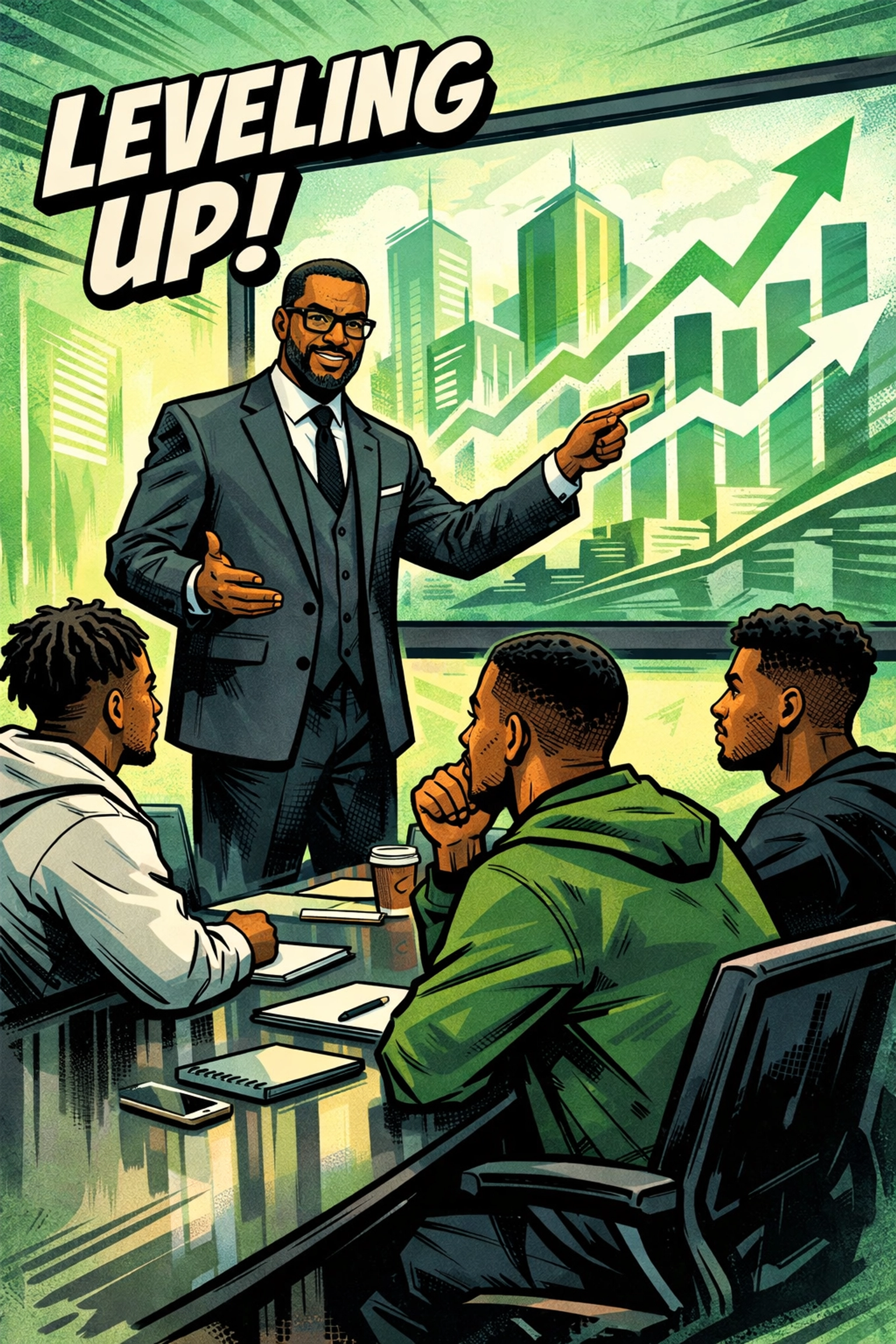 Young Black men in a boardroom with Professor Antonio, learning leadership skills for professional success.