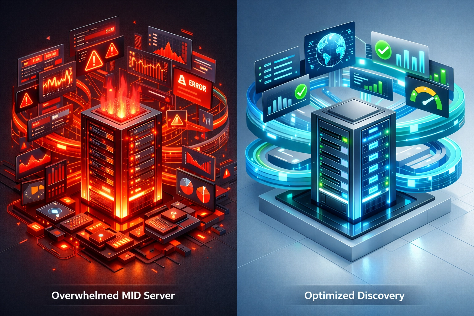 Optimized ServiceNow discovery performance compared to overwhelmed MID server with excessive data collection