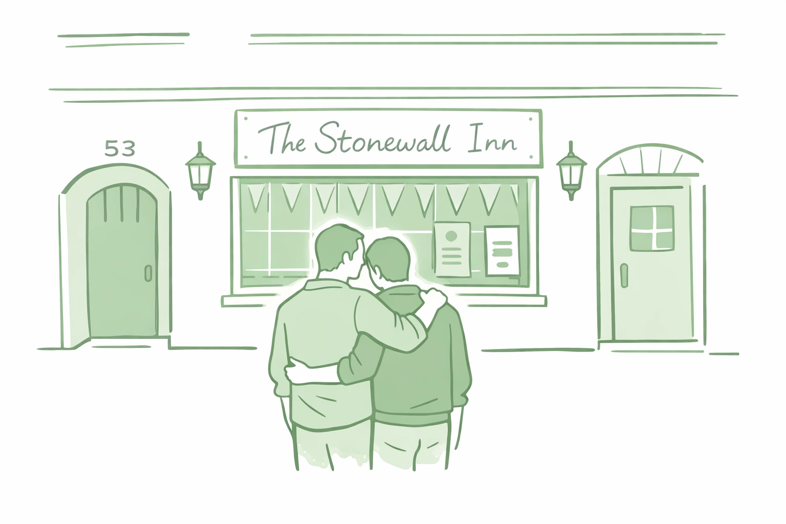 Two men embrace at historic Stonewall Inn on Christopher Street, LGBTQ+ landmark