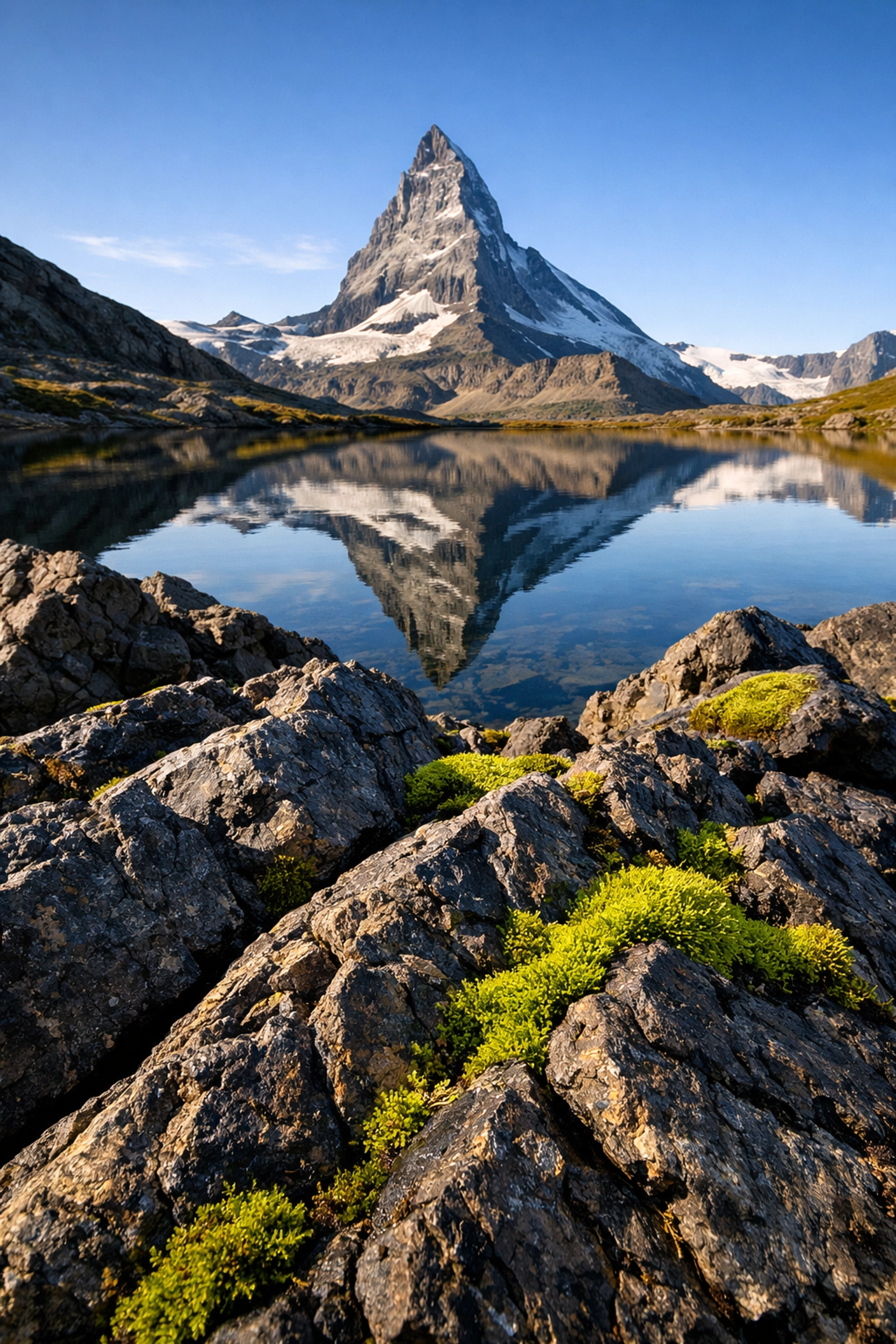Mossy volcanic rocks used as a foreground element in landscape photography to create depth.