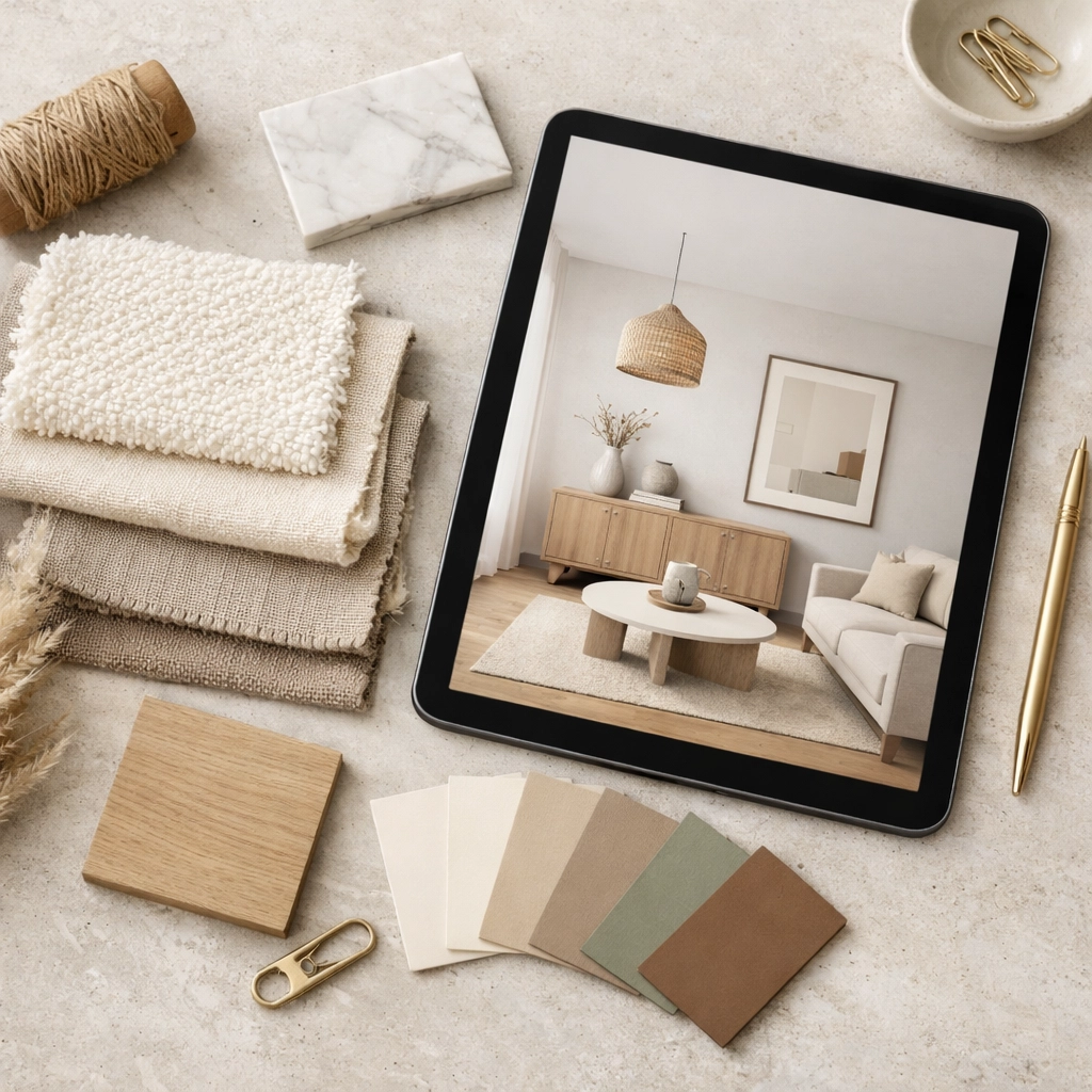 Interior design mood board with fabric swatches and color chips for a custom kitchen renovation plan.