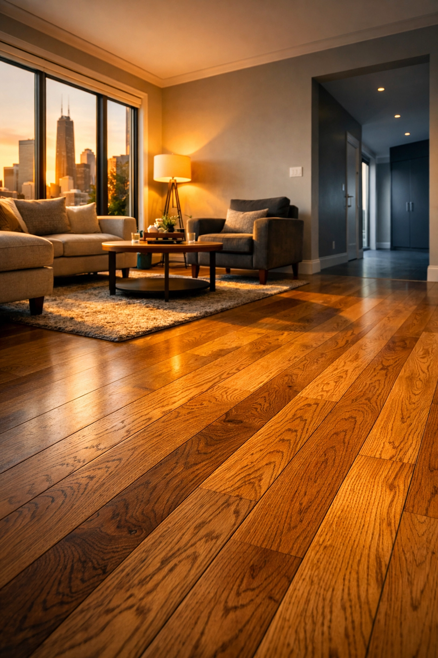 Warm honey oak hardwood floors in Chicago living room with natural sunlight
