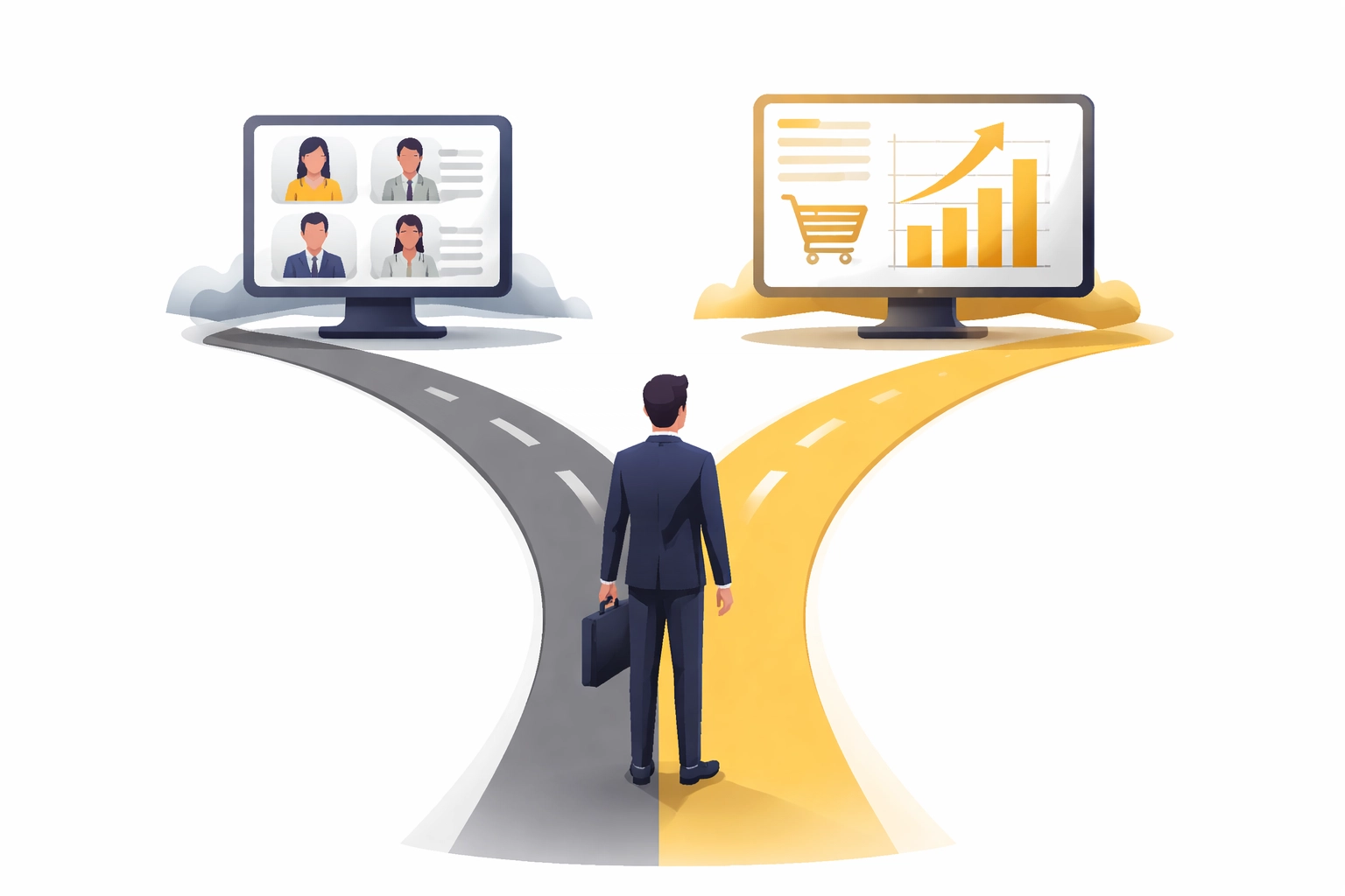 Business professional choosing between meetings and sales-focused webinars, illustrating Zoom alternatives for selling