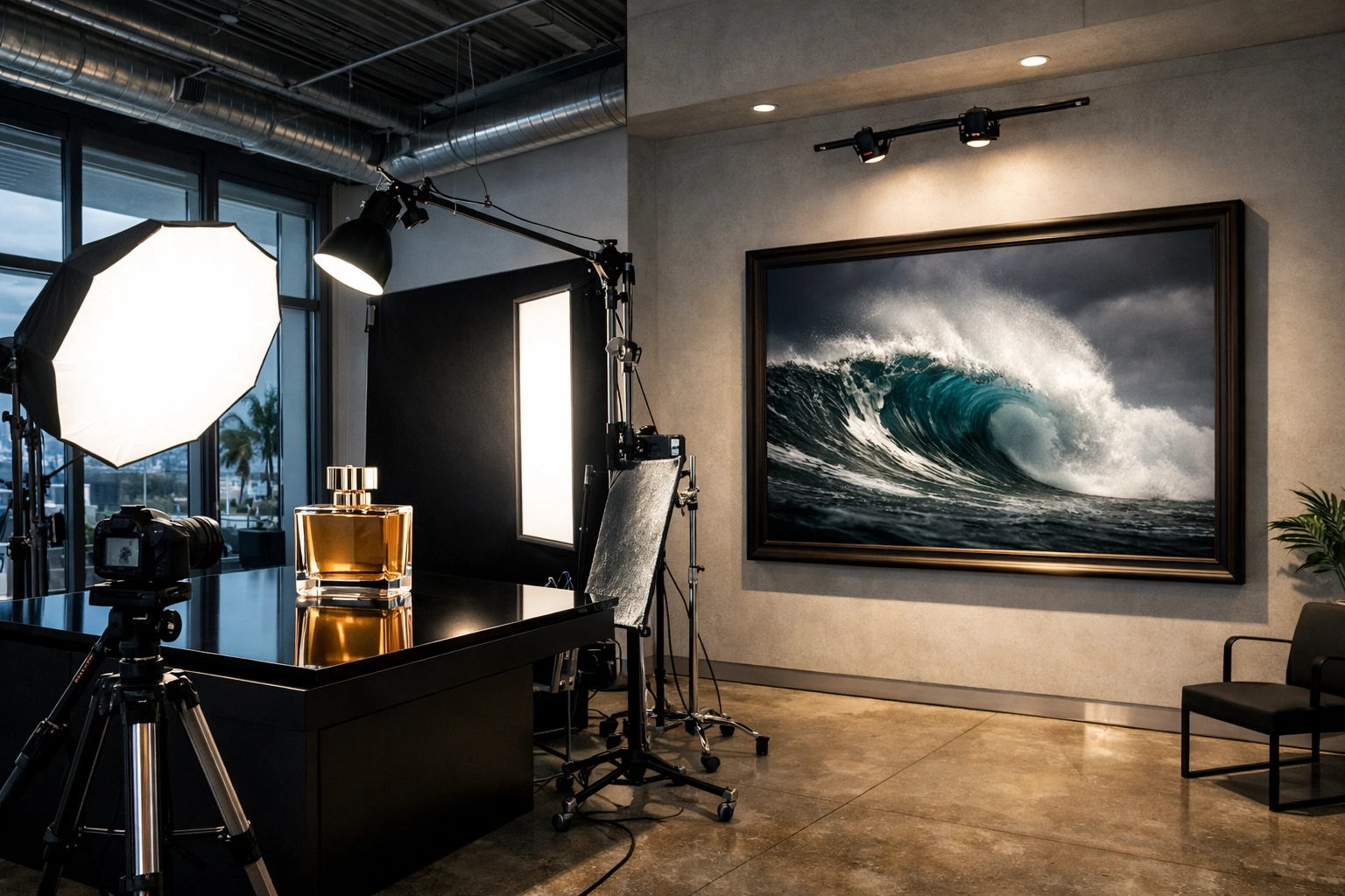 A professional Miami photography studio showing commercial product photography and fine art landscape prints.