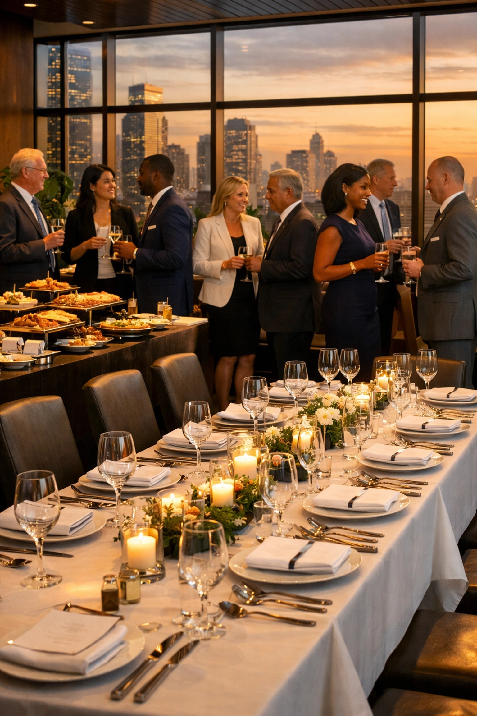 Corporate hospitality event with executives networking at upscale dining venue