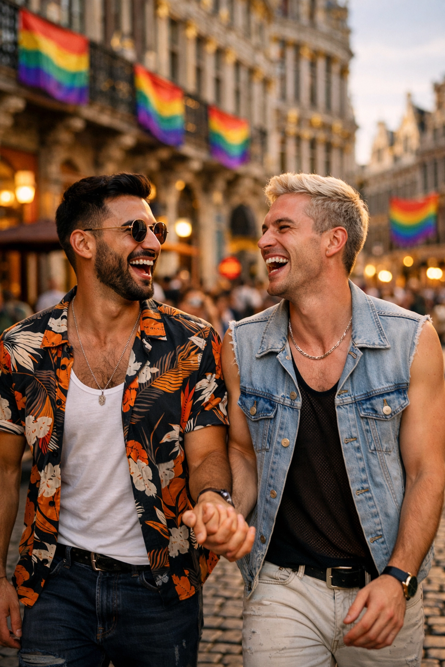 Two gay men walking through the rainbow-flag-decorated streets of the Brussels gay village.
