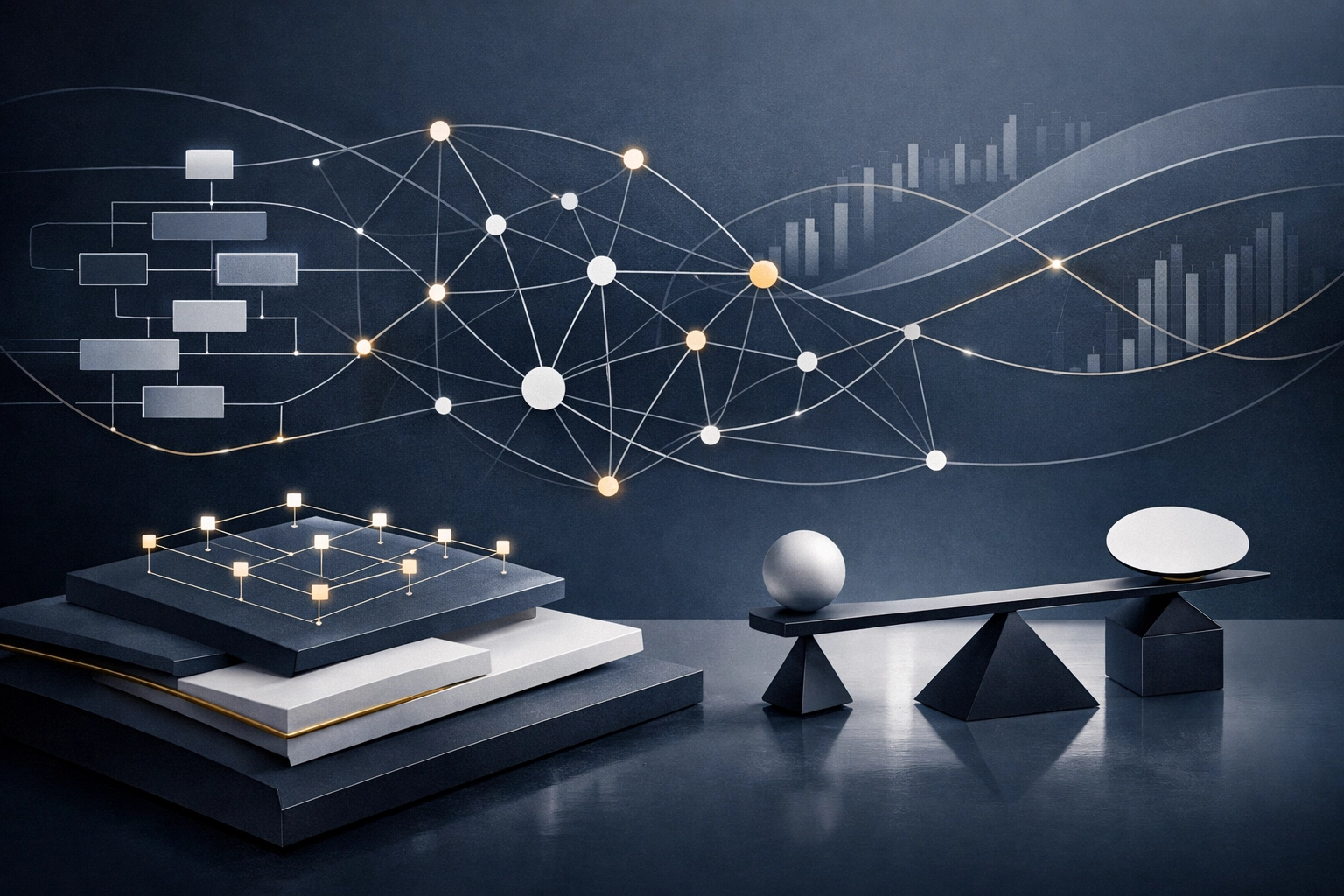 Abstract systems-thinking visualization representing the alignment of people, processes, and decision-making frameworks.