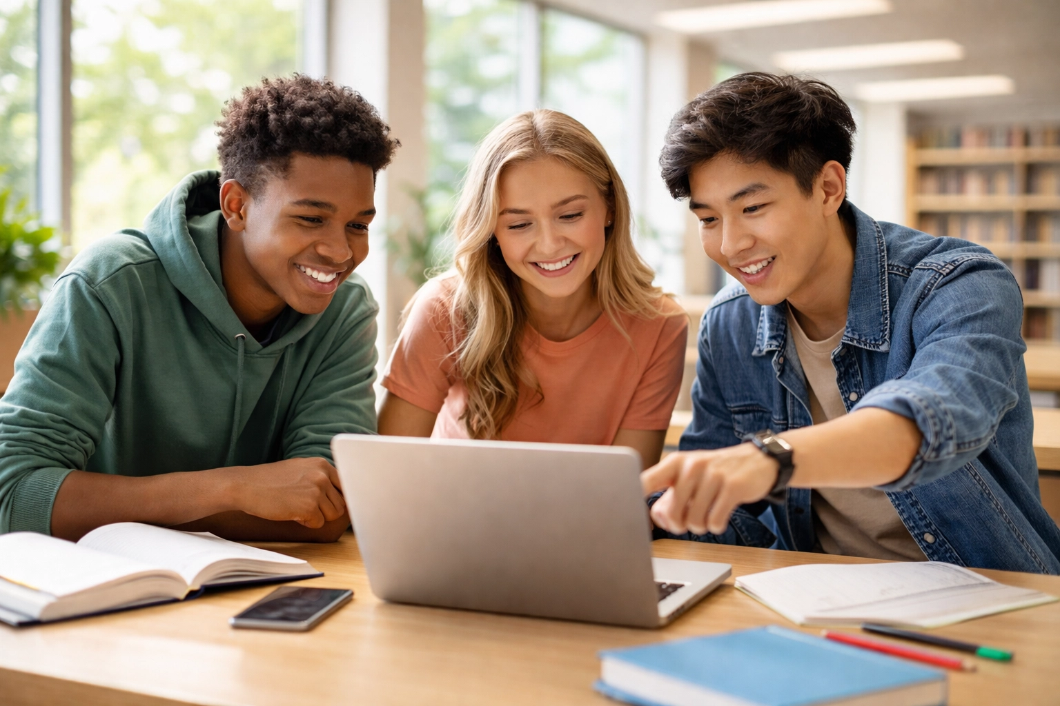 Three motivated students discussing SAT study strategy together in a bright library setting
