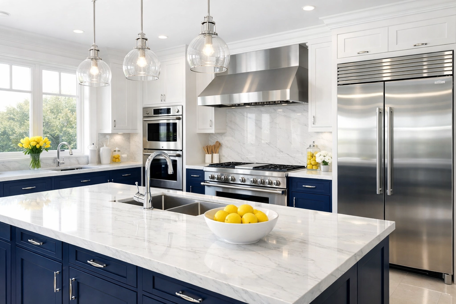 High-end kitchen with shiny marble counters after professional deep cleaning Winchester house cleaning.