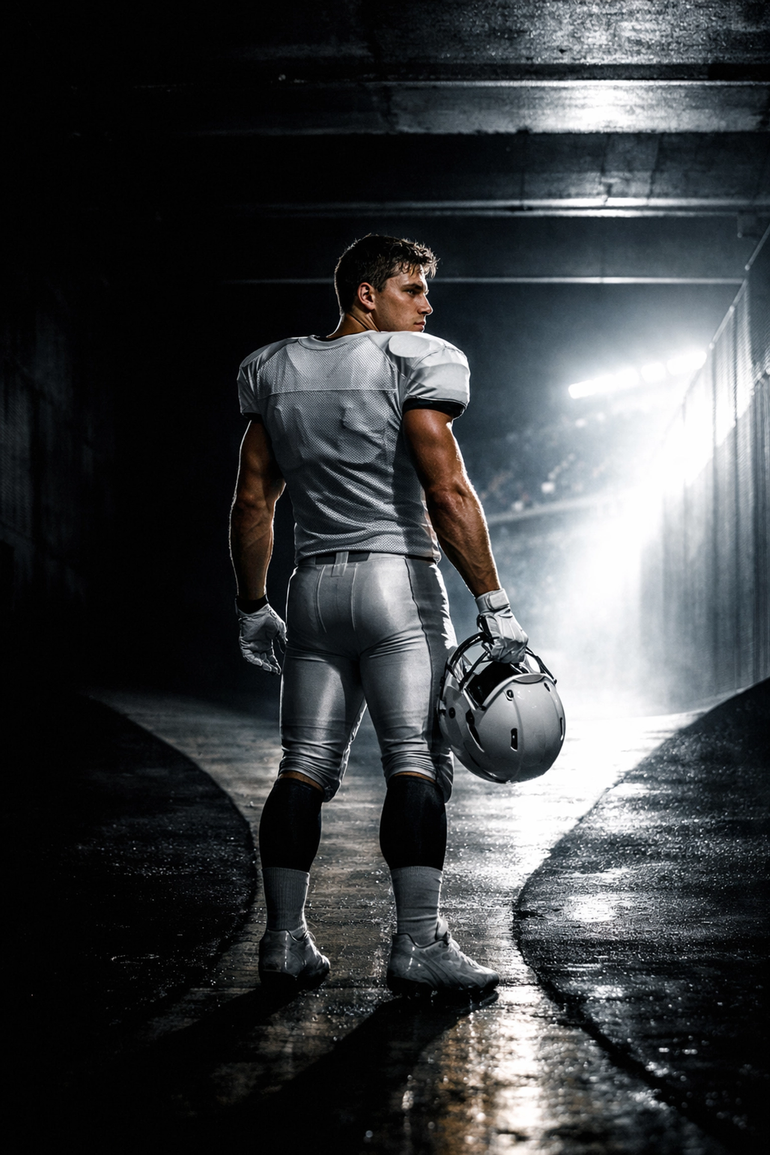Football player at a crossroads in a stadium tunnel, reflecting the importance of college recruiting decisions.