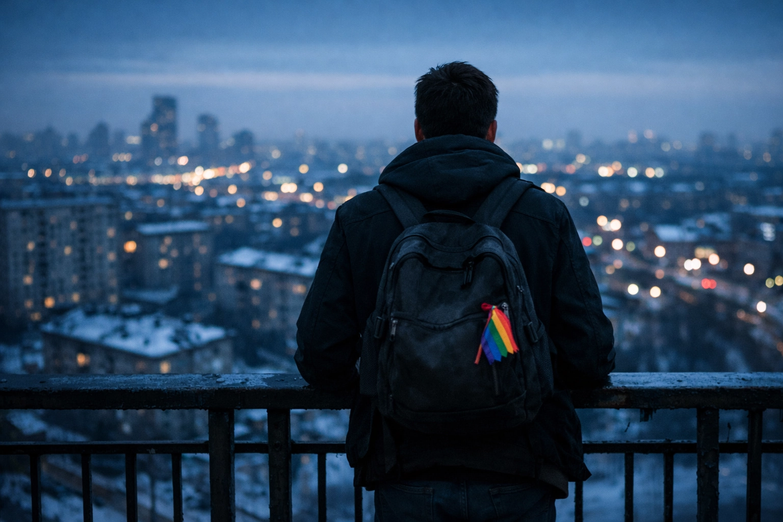 Young gay man with a rainbow ribbon on his backpack stands alone in a city, reflecting LGBTQ+ youth homelessness.