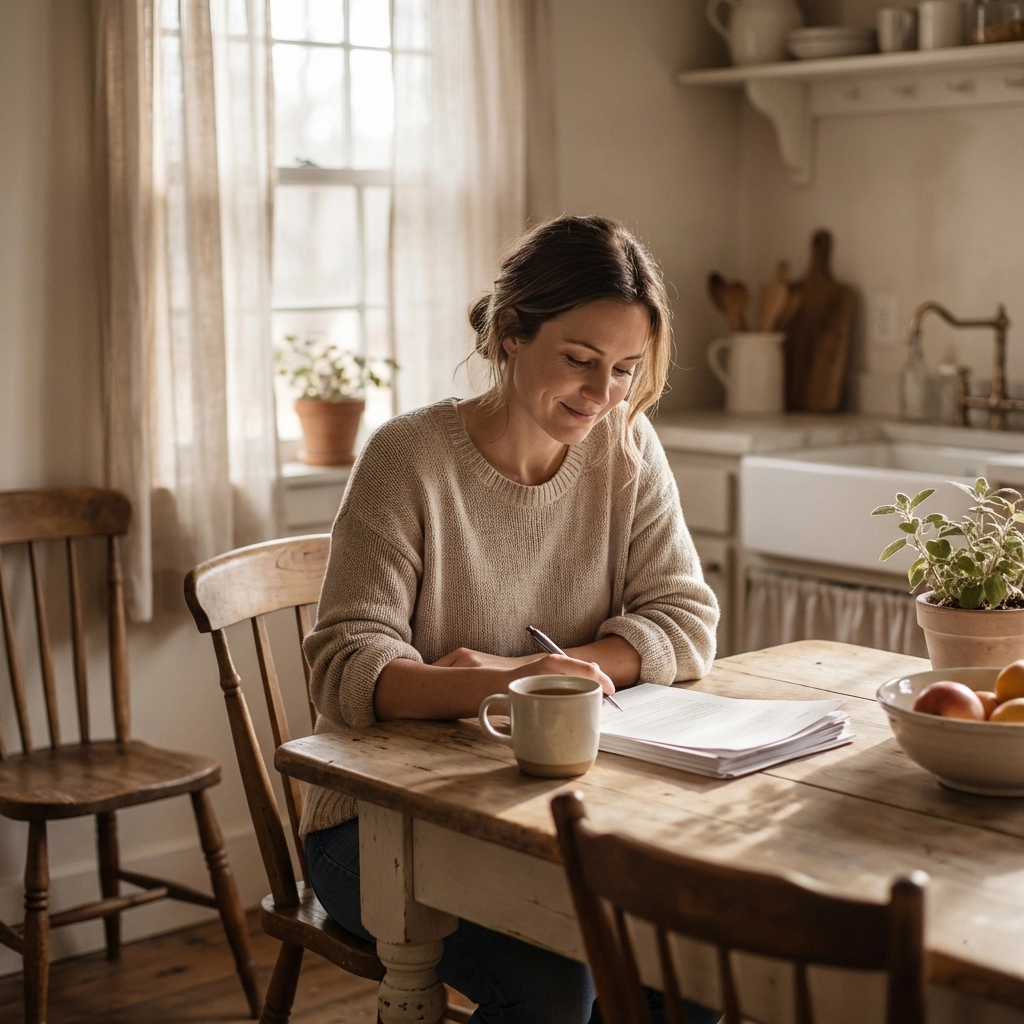 Confident Ohio woman reviews surrogacy documents at home, highlighting the legal recognition and support for Surrogates.
