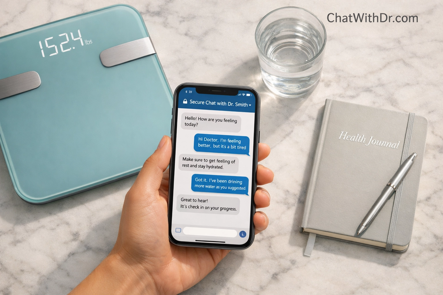 Secure weight loss telehealth consultation for GLP-1 refills via text messaging on a smartphone.