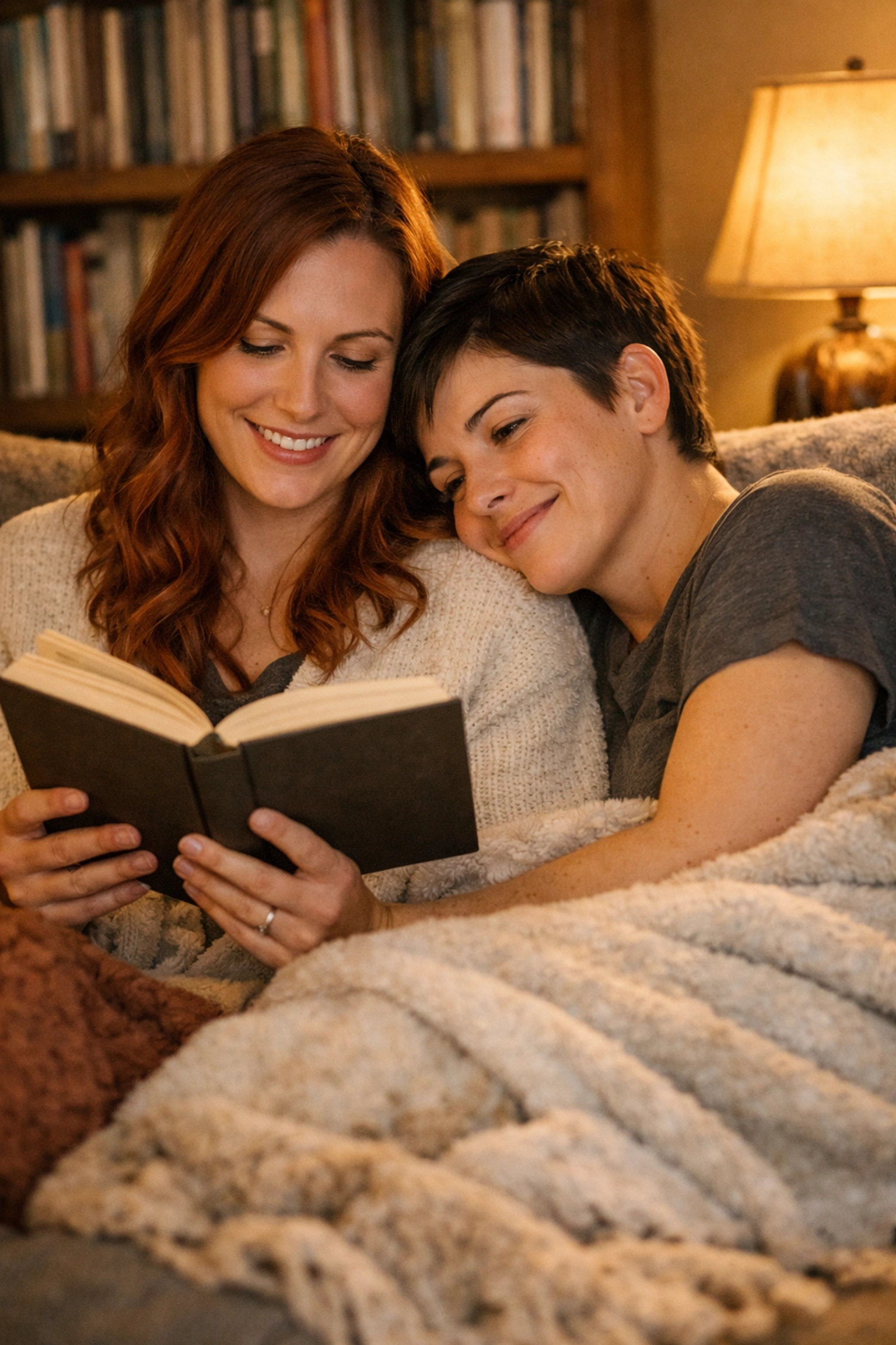 Lesbian couple reading gay romance book together on couch in warm intimate setting