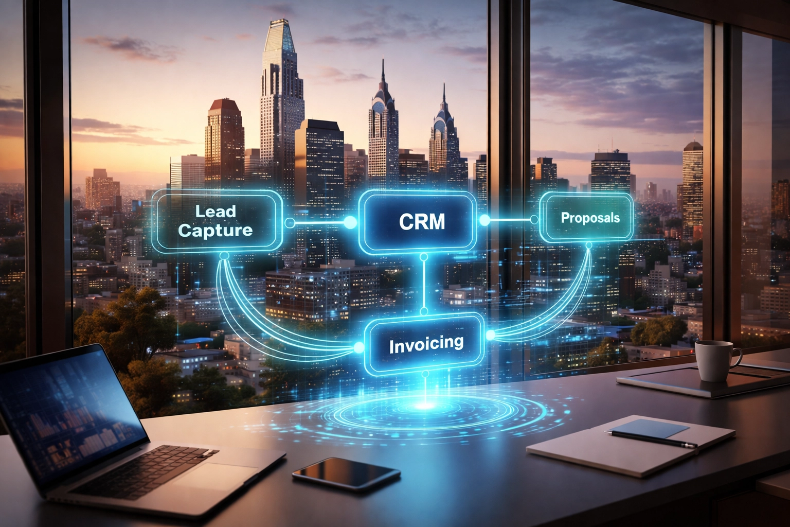 Digital flowchart of lead-to-cash process on a Philadelphia office desk with skyline view, illustrating business automation stages.
