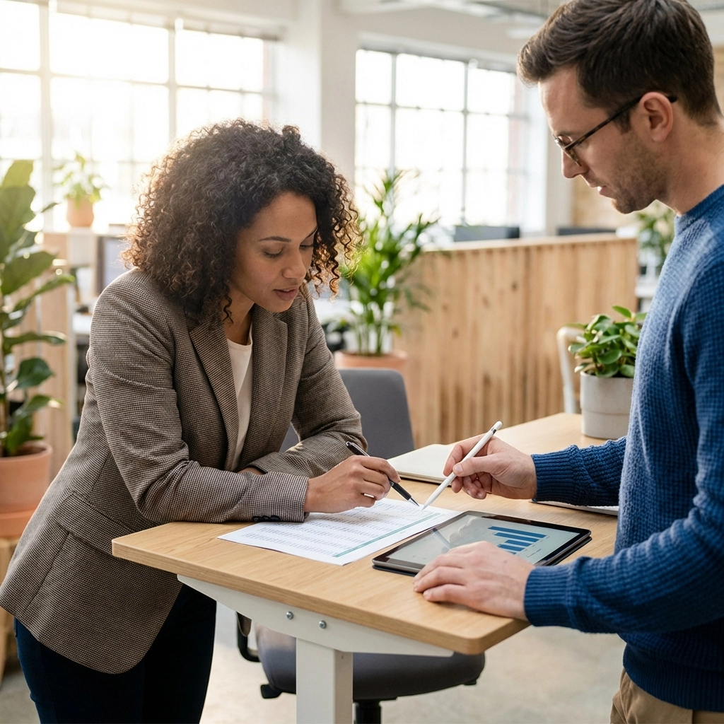 Diverse professionals collaborate on financial documents, highlighting teamwork in budget modeling for fundraising.