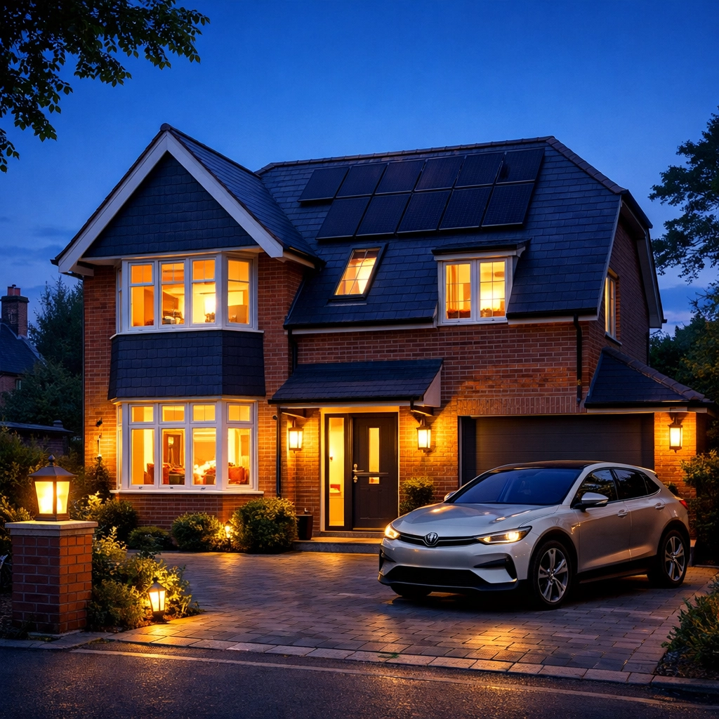 Energy-efficient Bournemouth home with solar panels and smart outdoor lighting from an electrician Dorset.