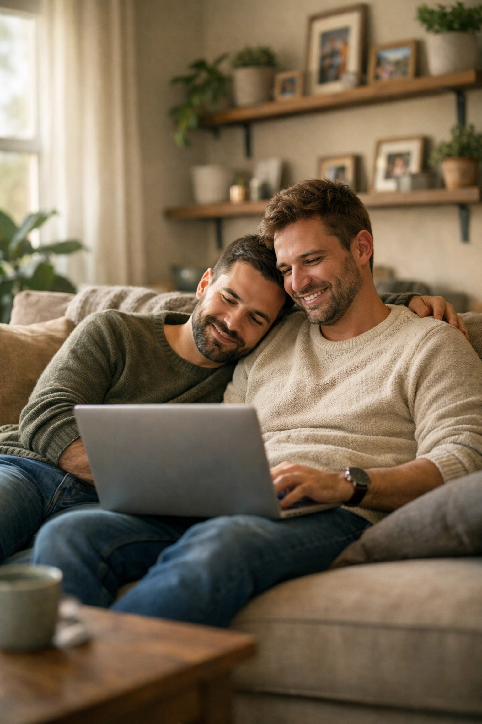 Two husbands sitting together on living room couch - everyday married life