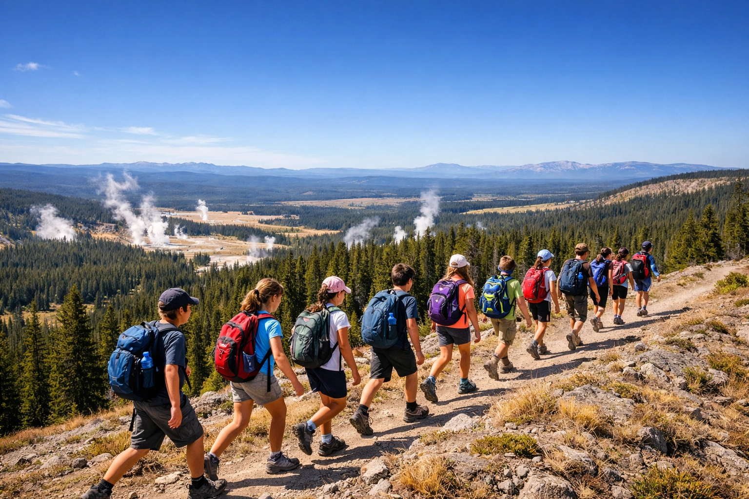 Middle school students hiking a ridgeline trail during a Yellowstone science program for schools.