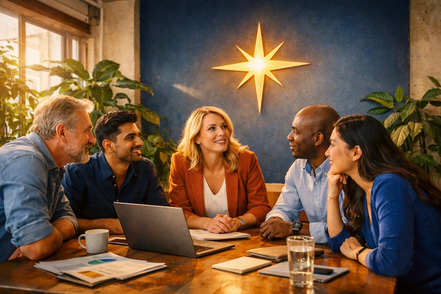 A diverse startup team aligning on their company brand narrative and shared vision in a modern office.