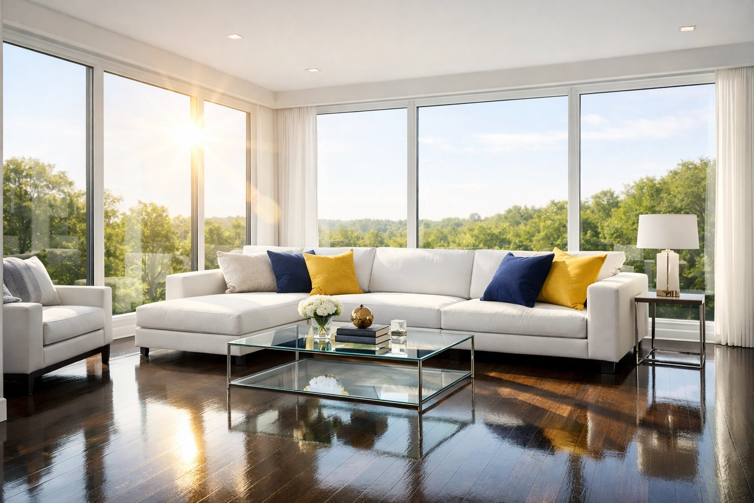 Immaculately clean living room in a modern Massachusetts home after a ninja-level residential deep cleaning service.