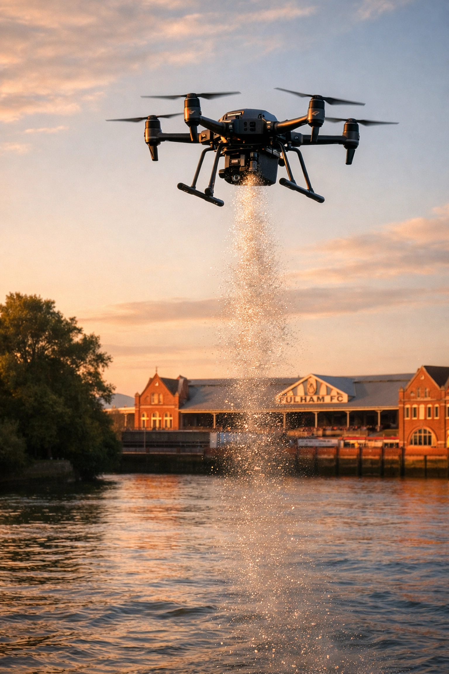 Drone ash scattering over the River Thames near Fulham FC’s Craven Cottage stadium at sunset.