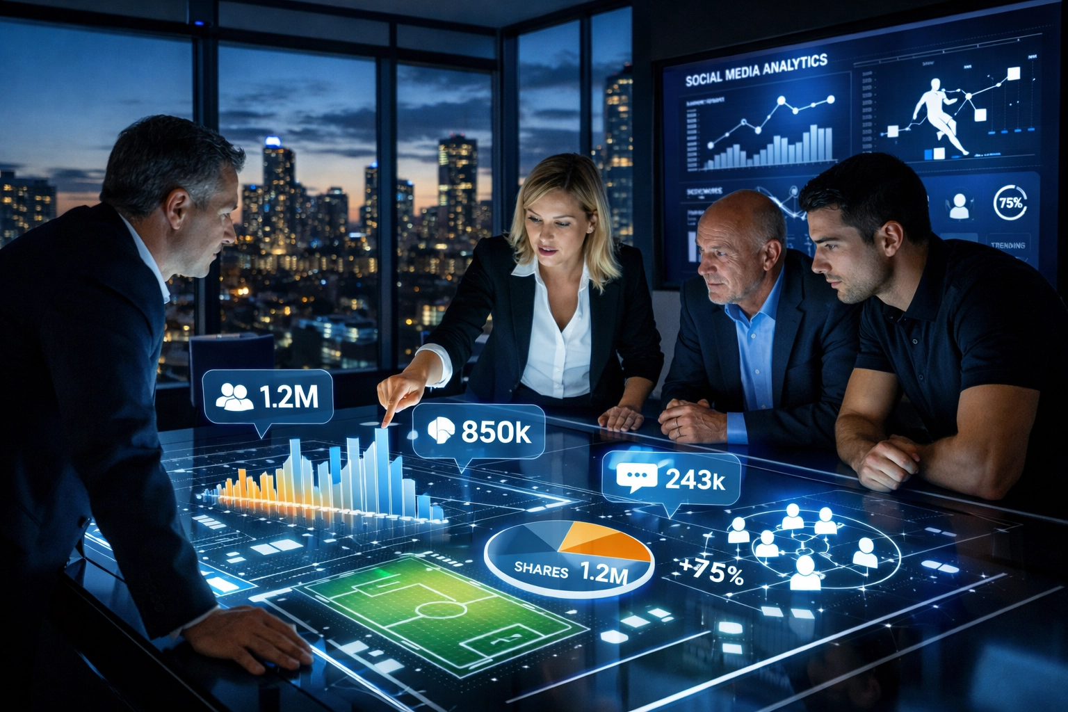 Marketing strategy team monitoring real-time NIL campaign data for Super Bowl sports marketing.