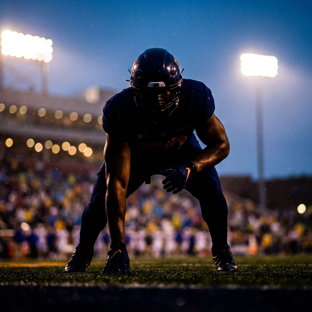 Football edge rusher in three-point stance under stadium lights, highlighting Blake Purchase’s athleticism at Oregon