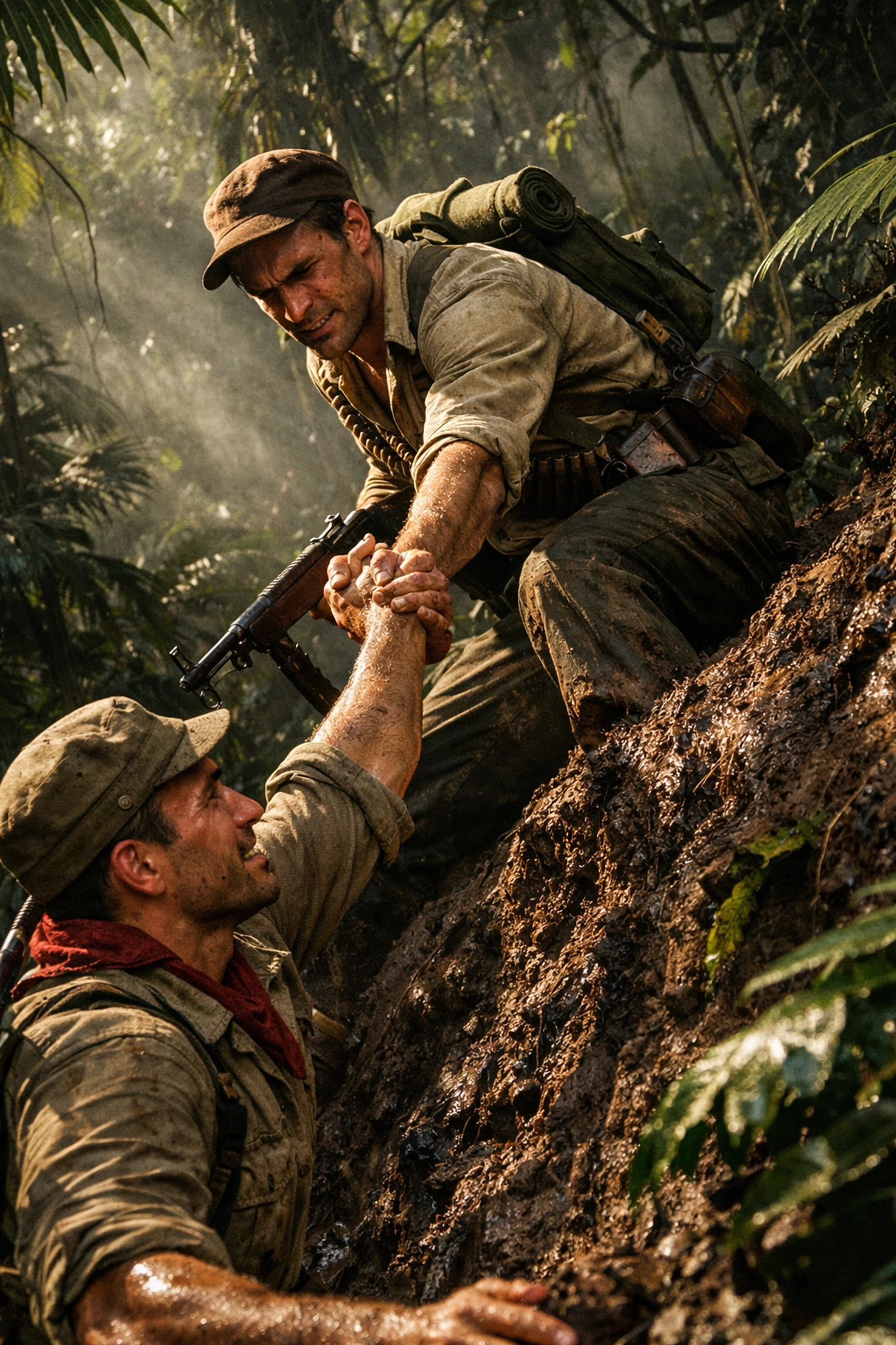 WWII guerrilla fighters helping each other through dense Philippine jungle terrain in MM romance