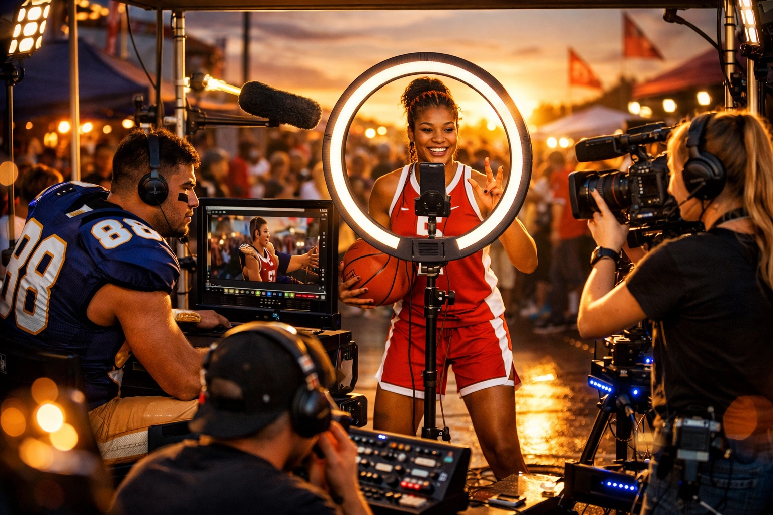 College athletes creating content at mobile studio fan zone during Super Bowl NIL activation