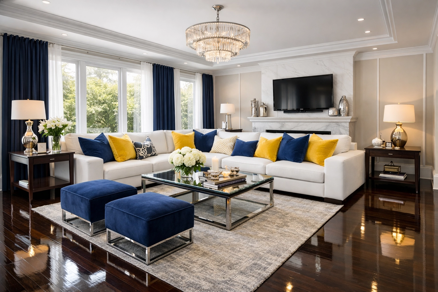 Polished hardwood floors in a luxury living room, demonstrating move-in ready residential cleaning standards.