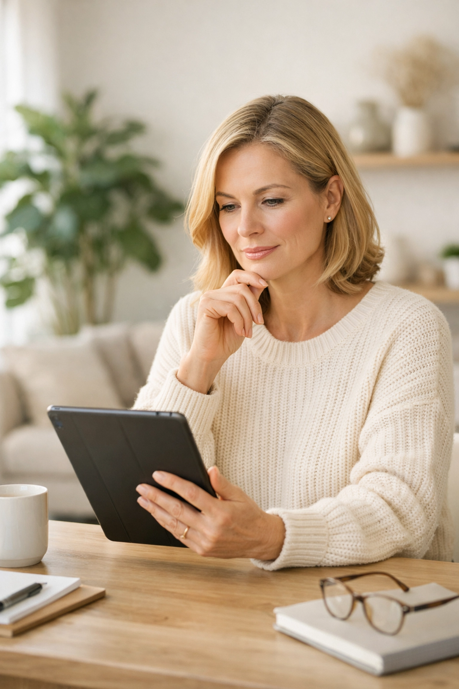 Midlife woman researching why doctors dismiss menopause symptoms on a digital tablet in a bright office.