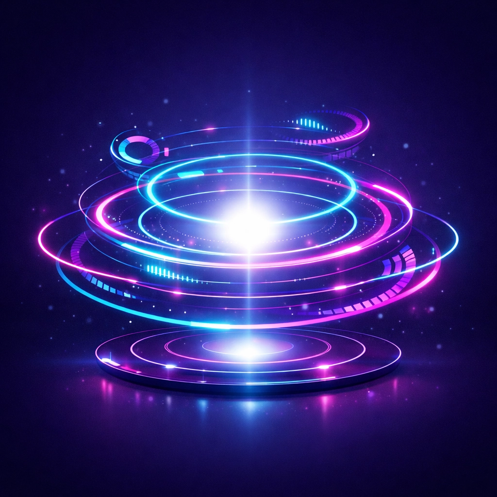 Neon circular data visualizations for AI SEO analytics and website performance tracking.