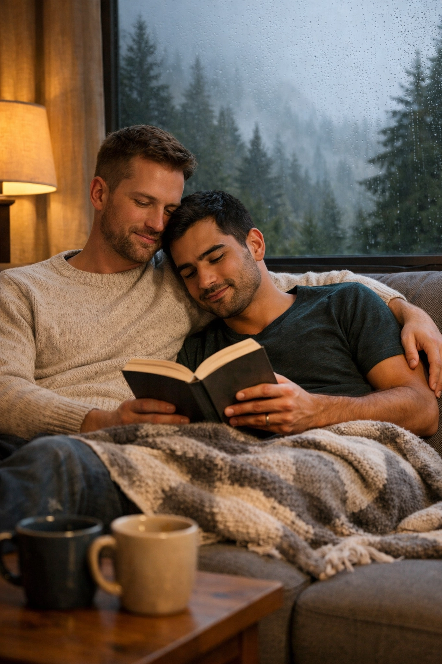 Gay couple reading MM romance books together in cozy Vancouver home