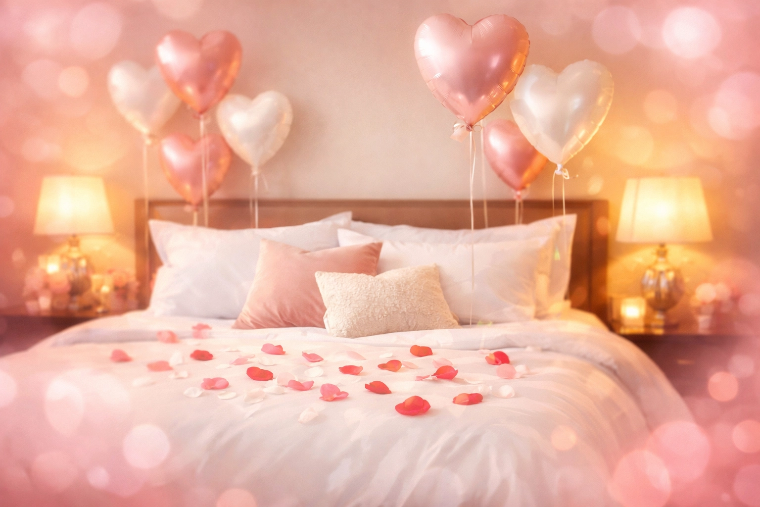 Professionally styled Valentine's bedroom with balloons, rose petals and romantic lighting