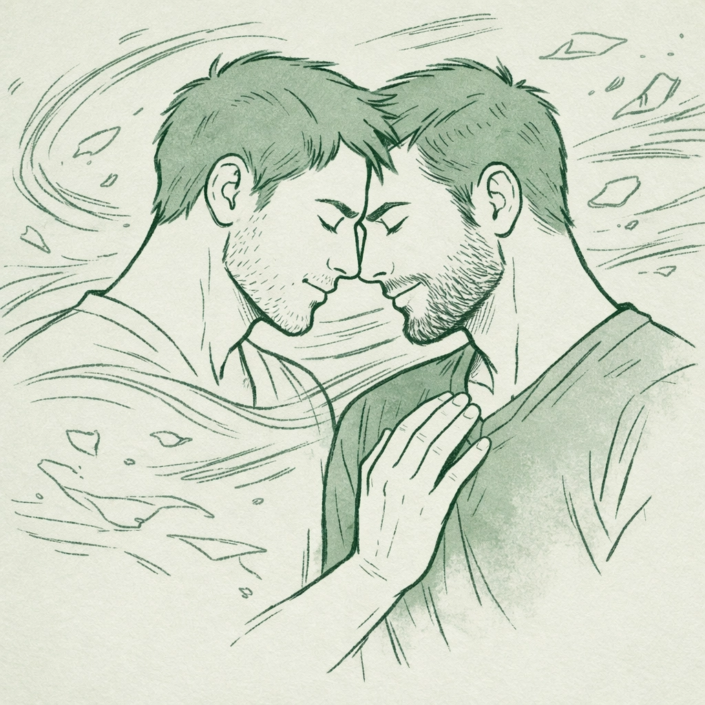 Two men in intimate embrace showing emotional vulnerability in MM romance