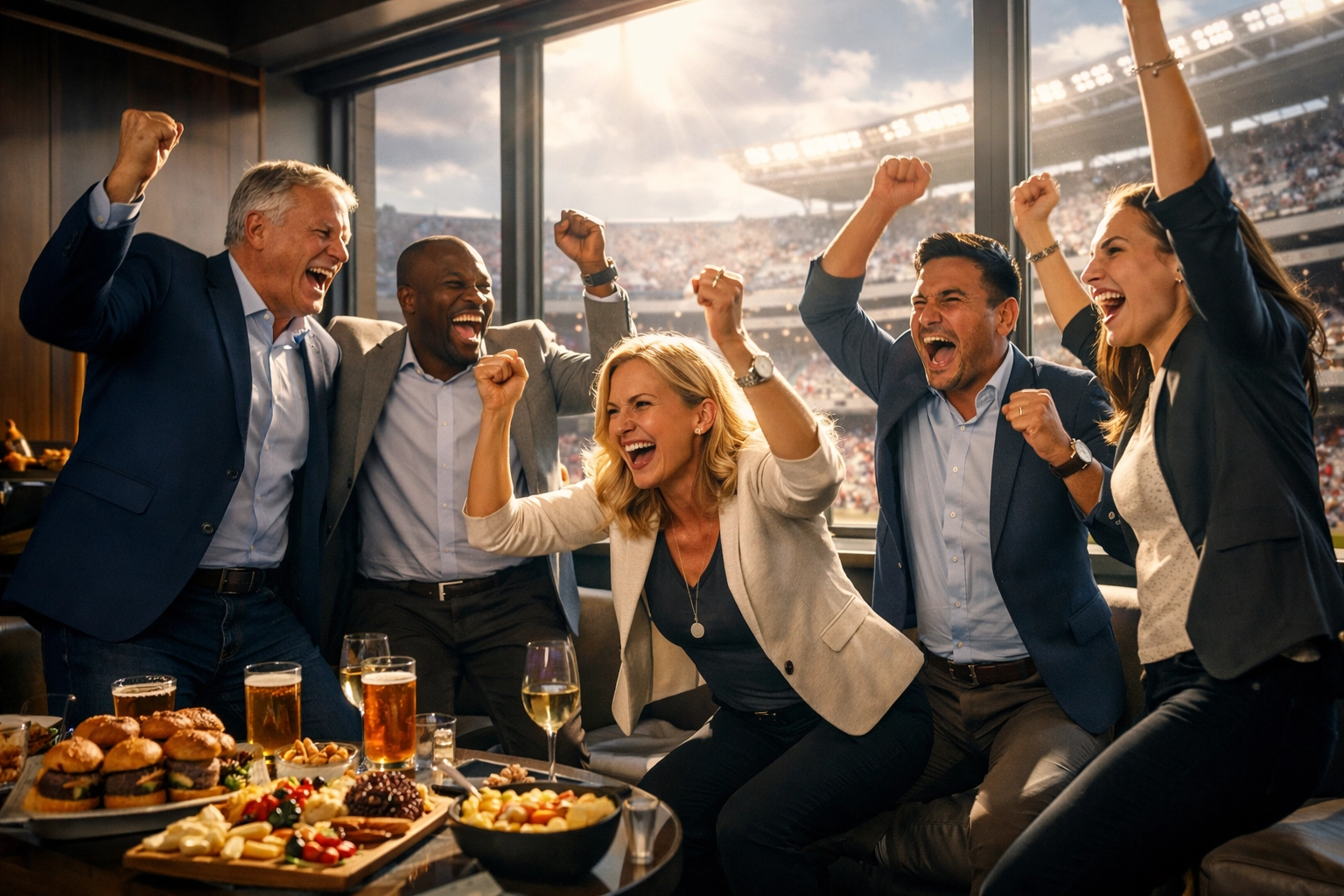 NEWSLETTER: Your Quick-Start Guide to Super Bowl Networking Success – Transform Game Day Into Deal-Closing Gold Business executives celebrating touchdown together in luxury Super Bowl suite